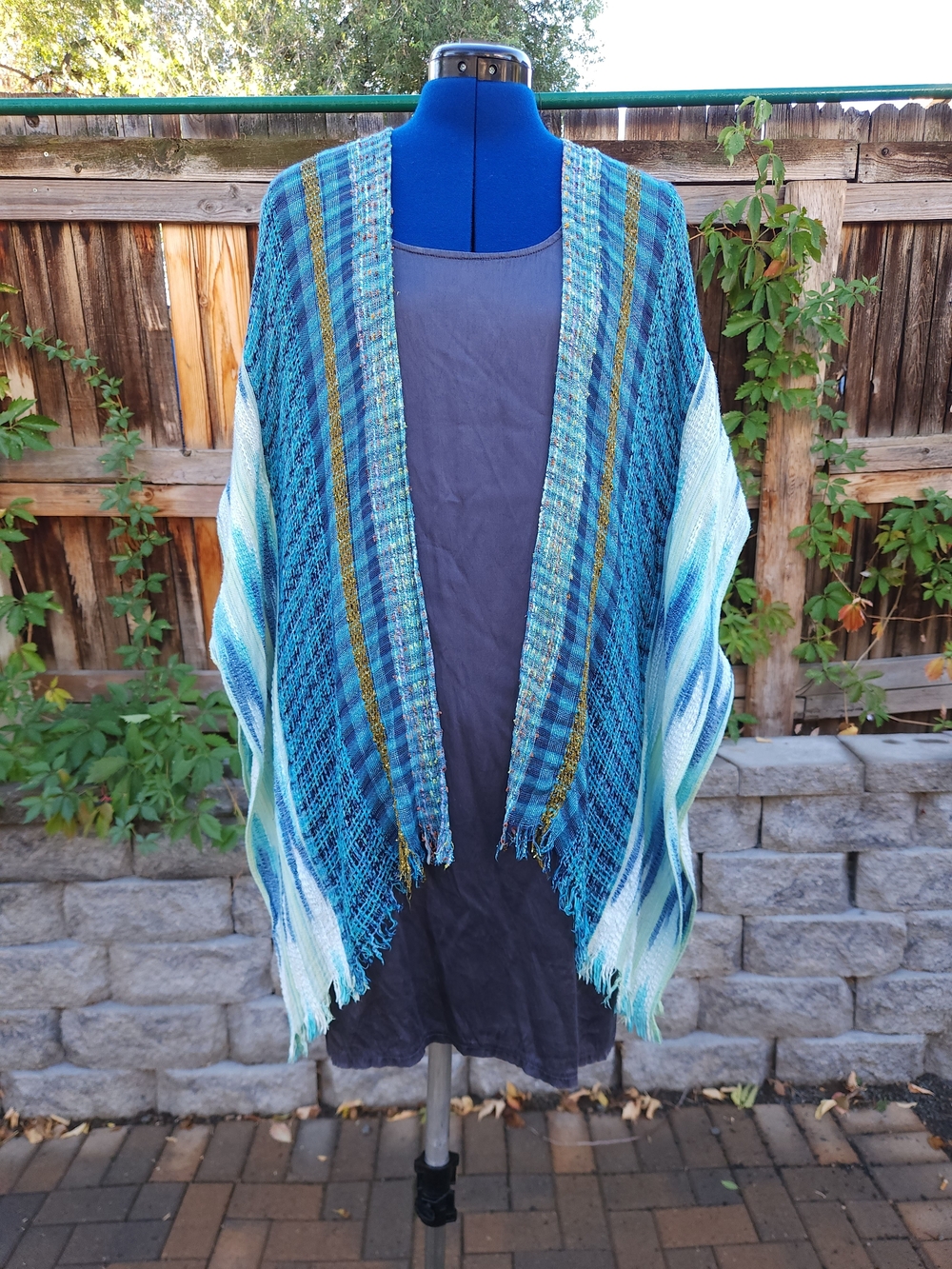 Boho Viscose Cotton Fringe Kimono Ruana Coverup Wrap Blue Teal Gold One Size